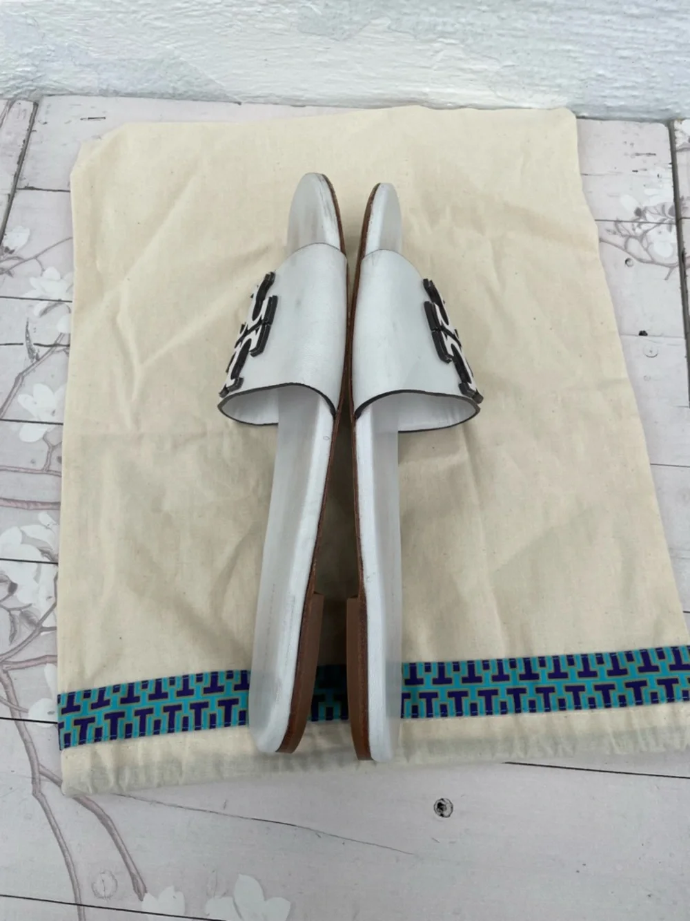 Tory Burch White Leather Logo Slide Sandals